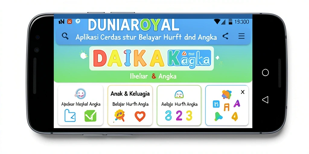 Antarmuka aplikasi DUNIAROYAL yang menarik untuk belajar huruf dan angka.